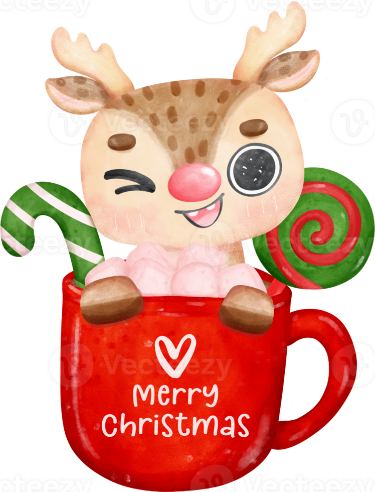 Cute reindeer Christmas in red chocolate marshmallow mug  cartoon character watercolour hand painting png
