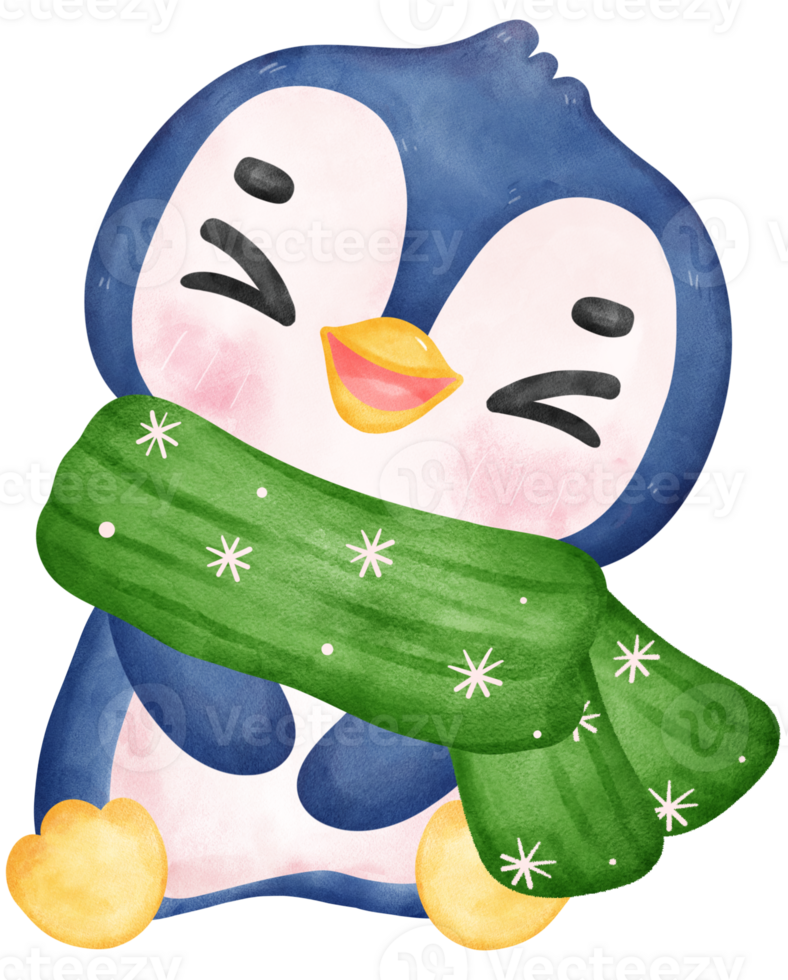 Cute happy joyful Christmas penguin in cozy sweater and scarf cartoon character watercolor hand drawing png
