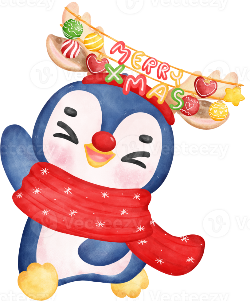 Cute adorable baby joyful christmas penguin wears reindeer antlers cartoon character watercolor hand drawing png