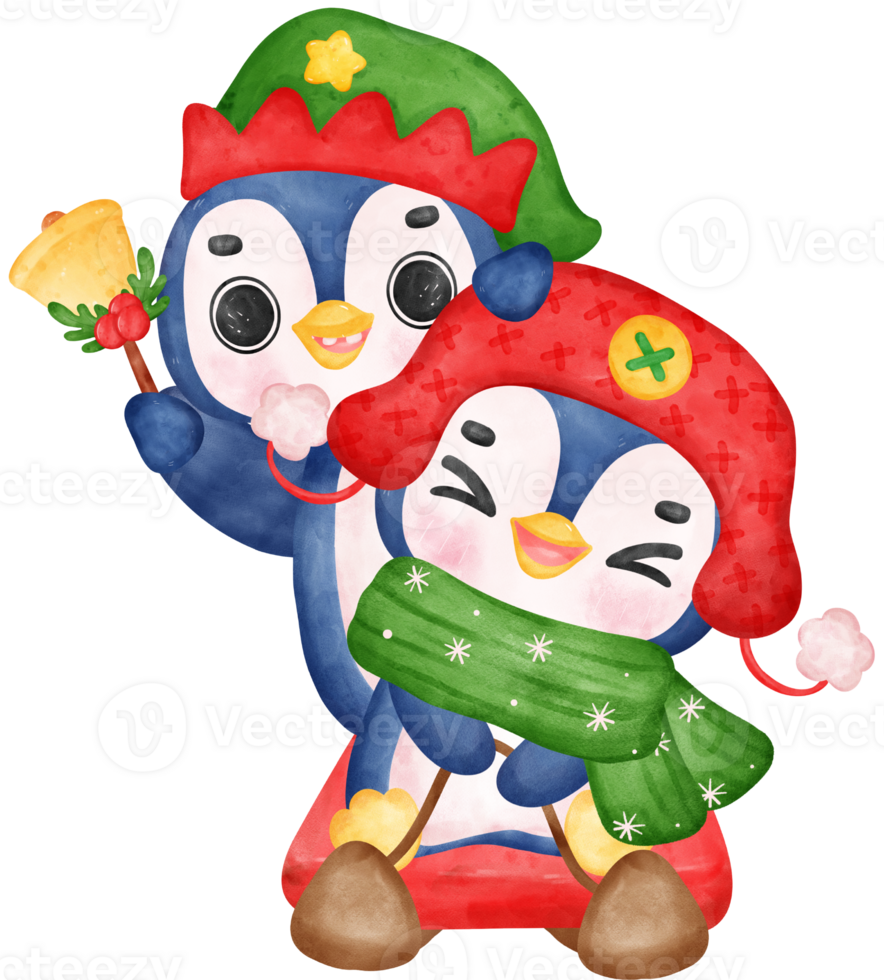 Cute happy joyful Christmas penguin and friend on sled cartoon character watercolor hand drawing png