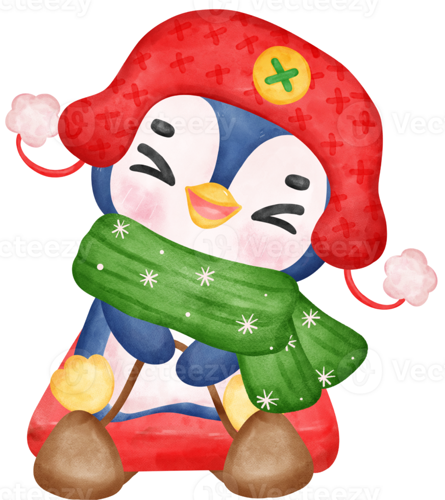 Cute happy joyful Christmas penguin on sled cartoon character watercolor hand drawing png