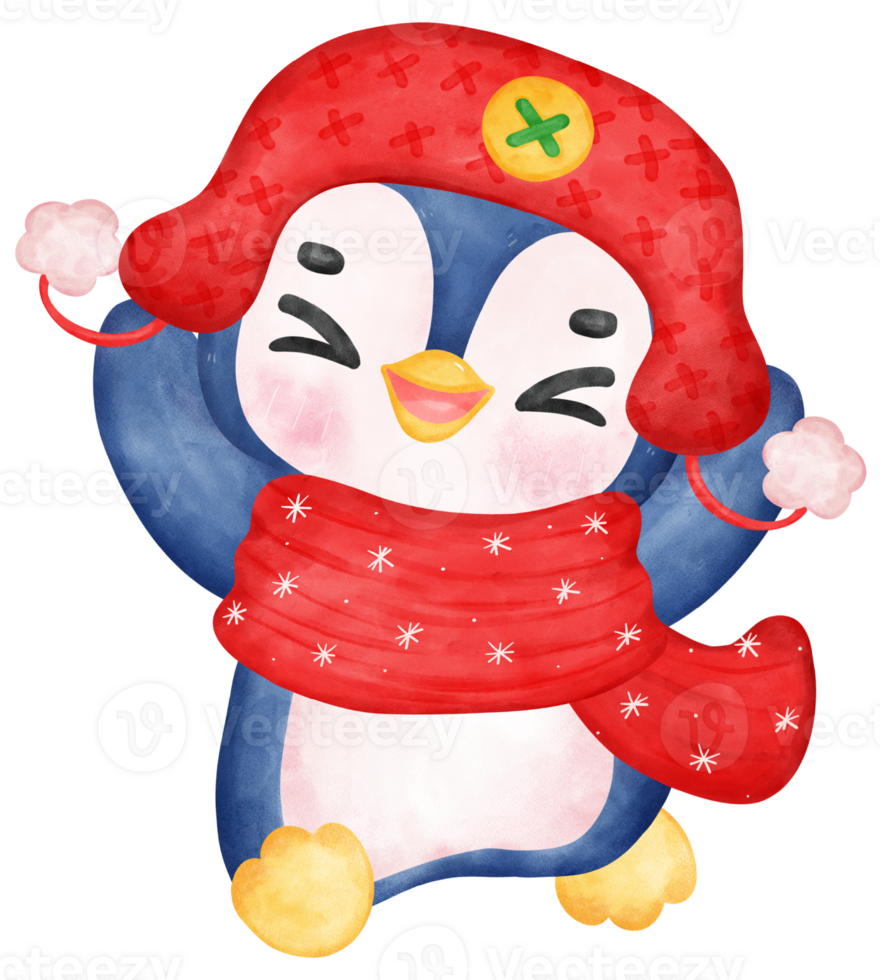 Cute happy joyful Christmas penguin in cozy sweater and scarf cartoon character watercolor hand drawing png