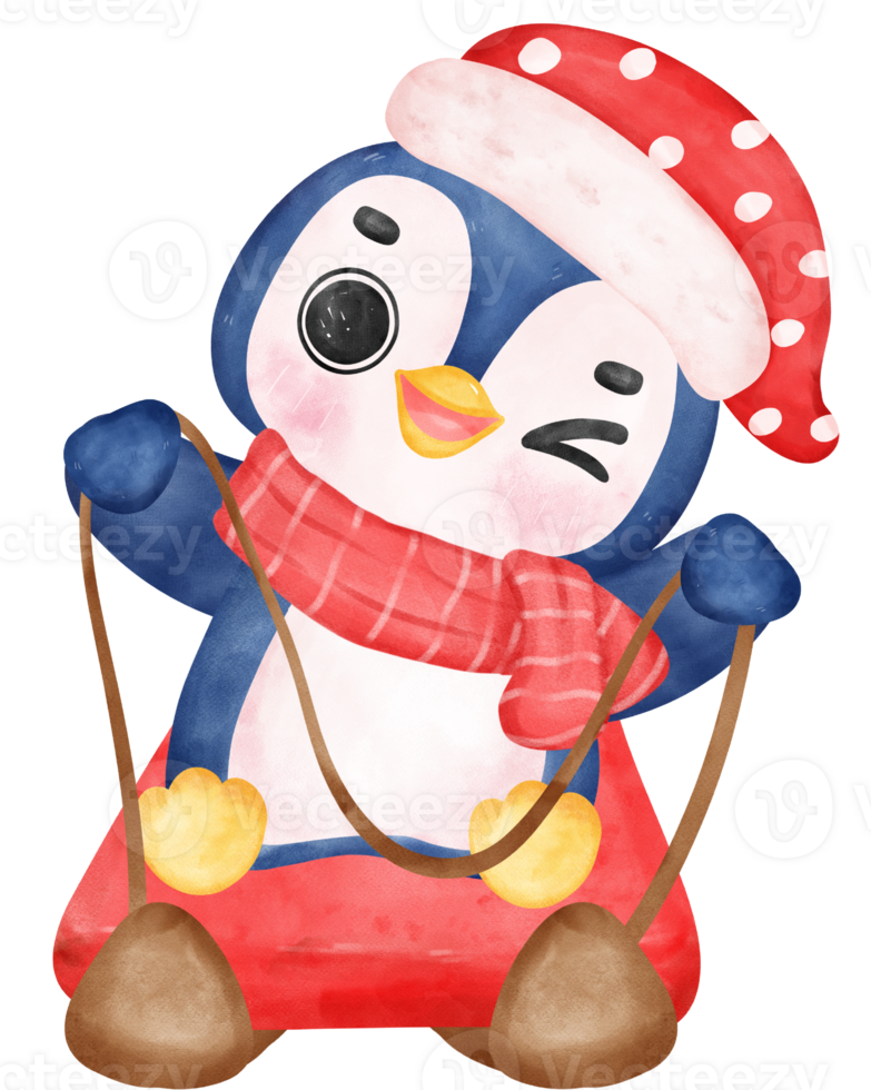 Cute happy joyful Christmas penguin on sled cartoon character watercolor hand drawing png
