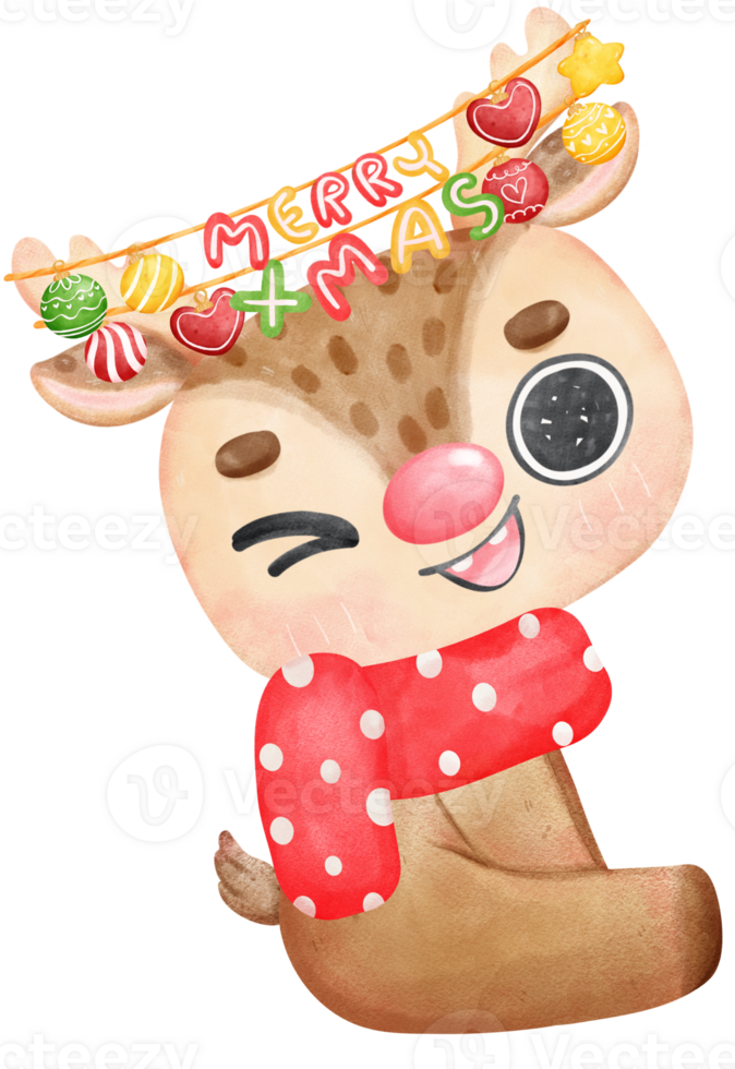Cute and friendly reindeer Christmas with decoration on antlers cartoon character watercolour hand painting png