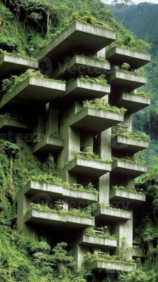 Landscape of an abandoned brutalist building structure built on mountainous rainforest terrain - Illustration photo