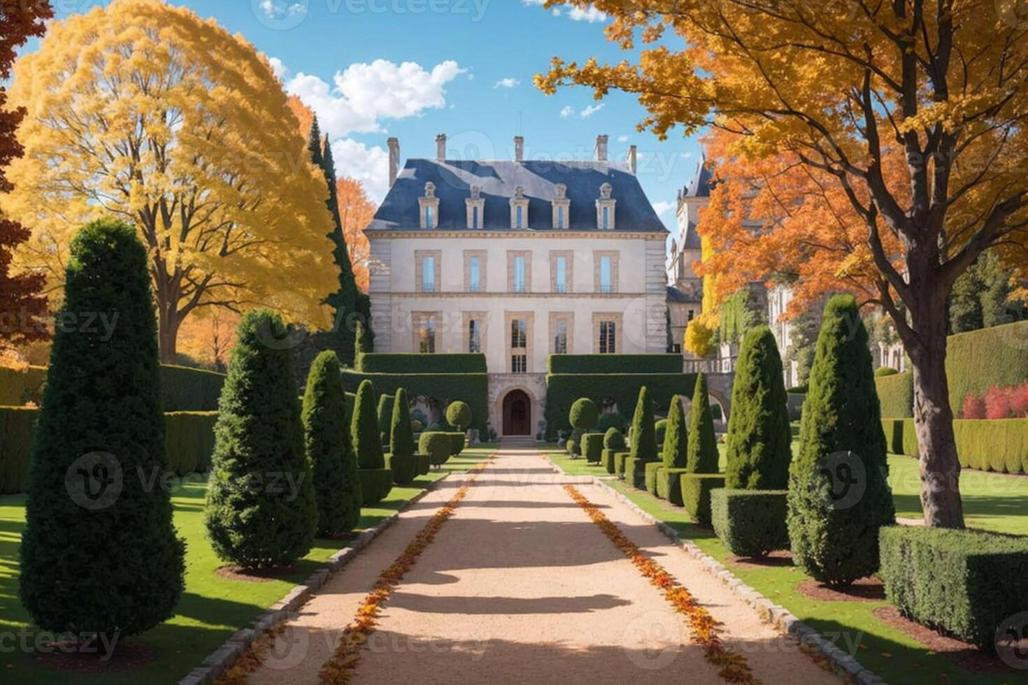 ilustración de un Renacimiento arquitectura estilo francés castillo en un francés jardín en un hermosa otoño día - generativo ai foto