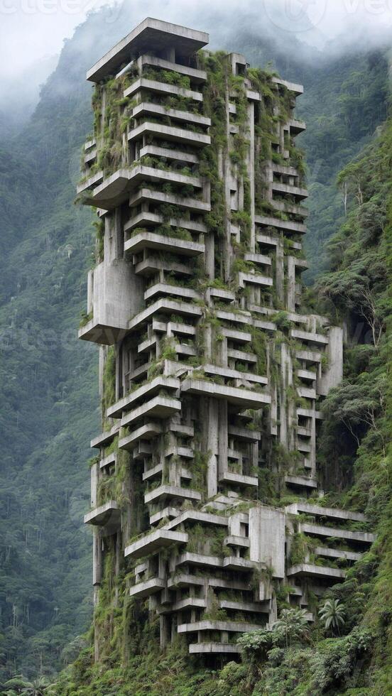 Landscape of an abandoned brutalist building structure built on mountainous rainforest terrain - Illustration photo