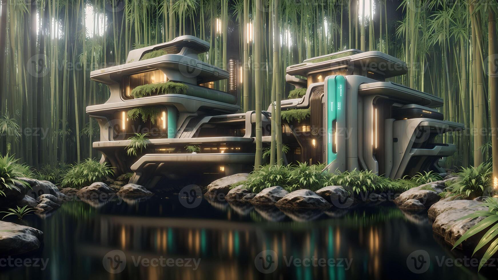 Illustration of a sci-fi futuristic cyberpunk house in the jungle by the swamp - photo