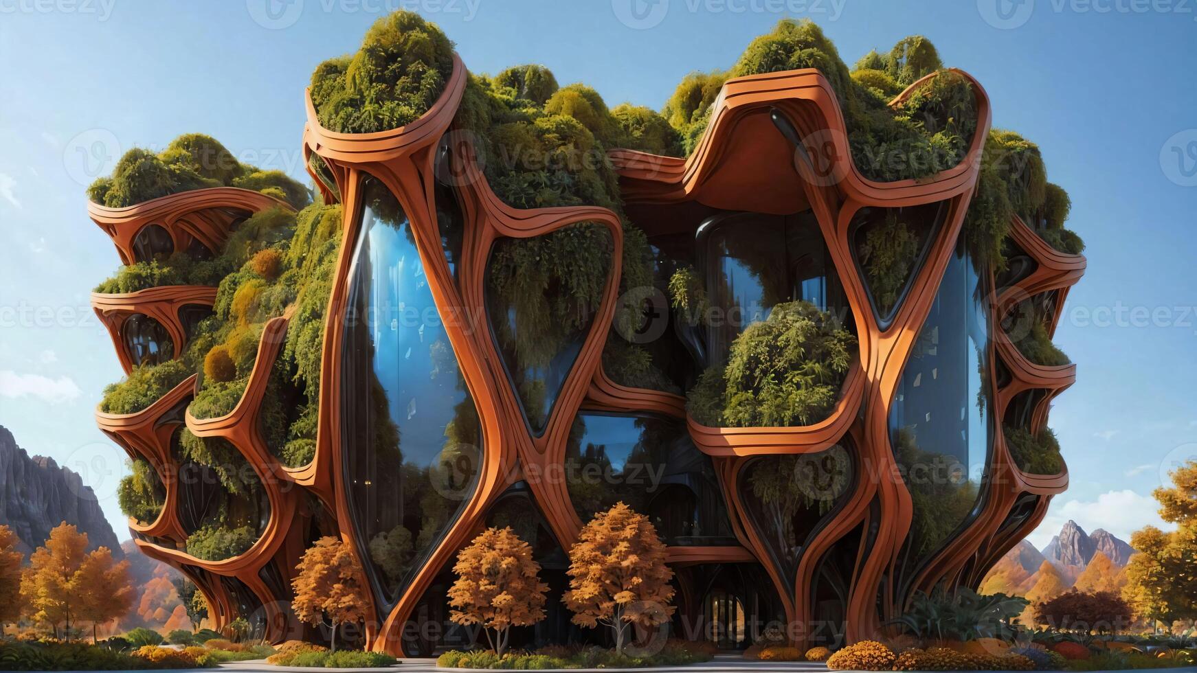 The Hive - Sci-fi futuristic brutalist architecture style building structure with hexagonal-pattern and lush vegetation facade, in nature, during an autumn day - Illustration photo