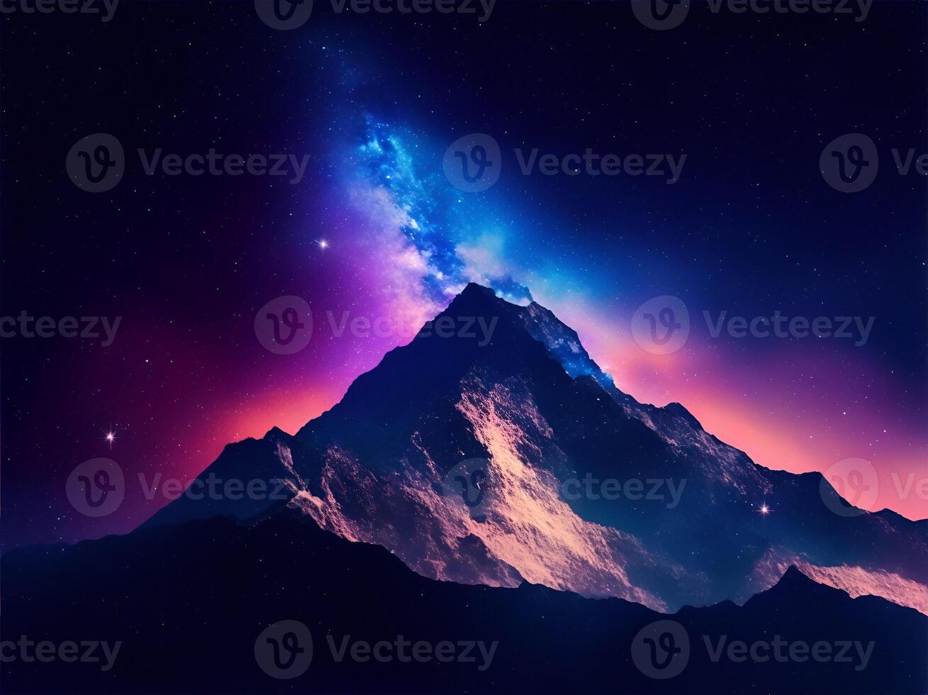 Night view of the mountains against the galaxy sky in the background, photo