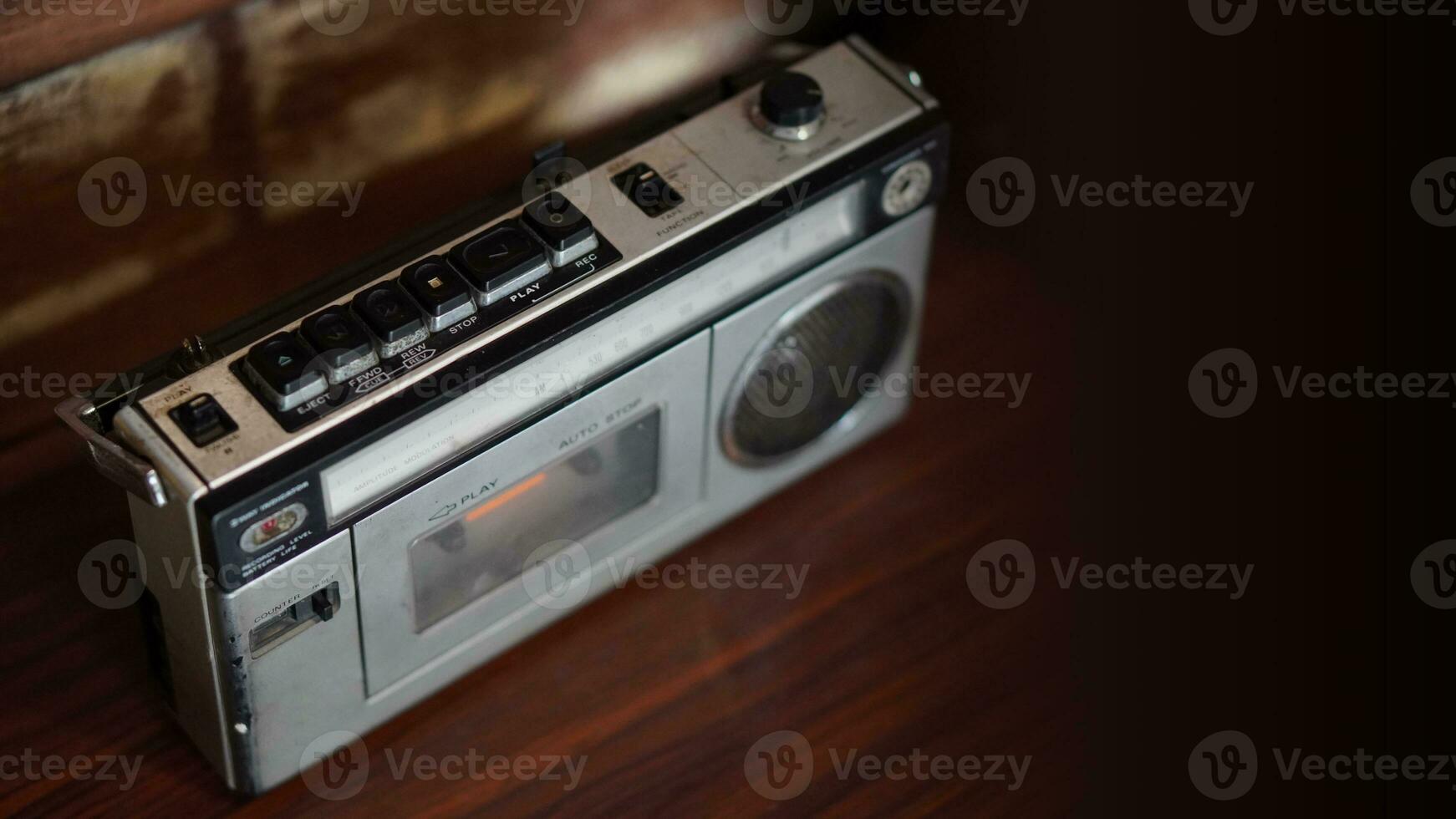 top view old radio on wooden background,copy space photo