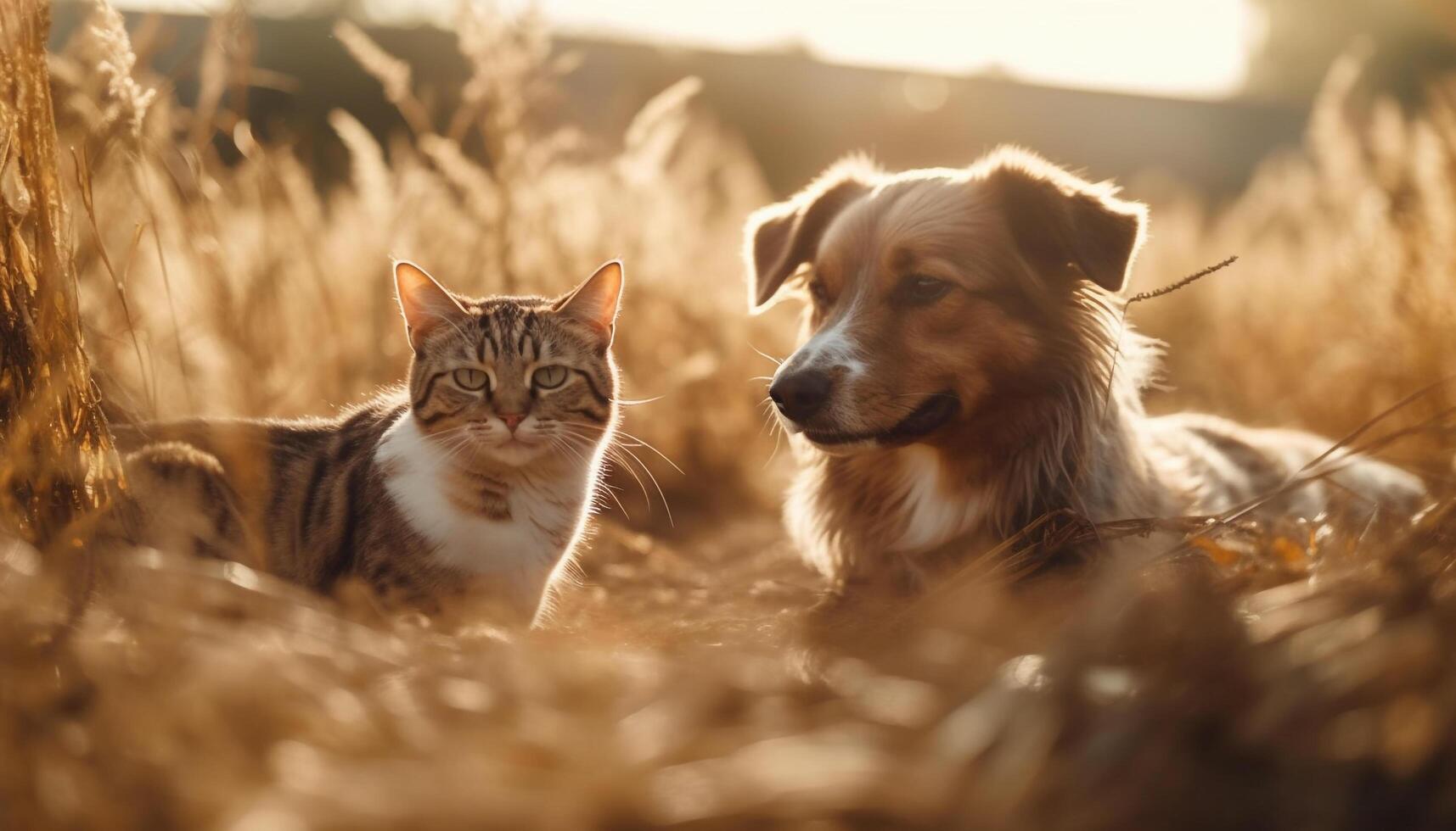 puesta de sol prado juguetón mascotas disfrutar verano divertido generado por ai foto