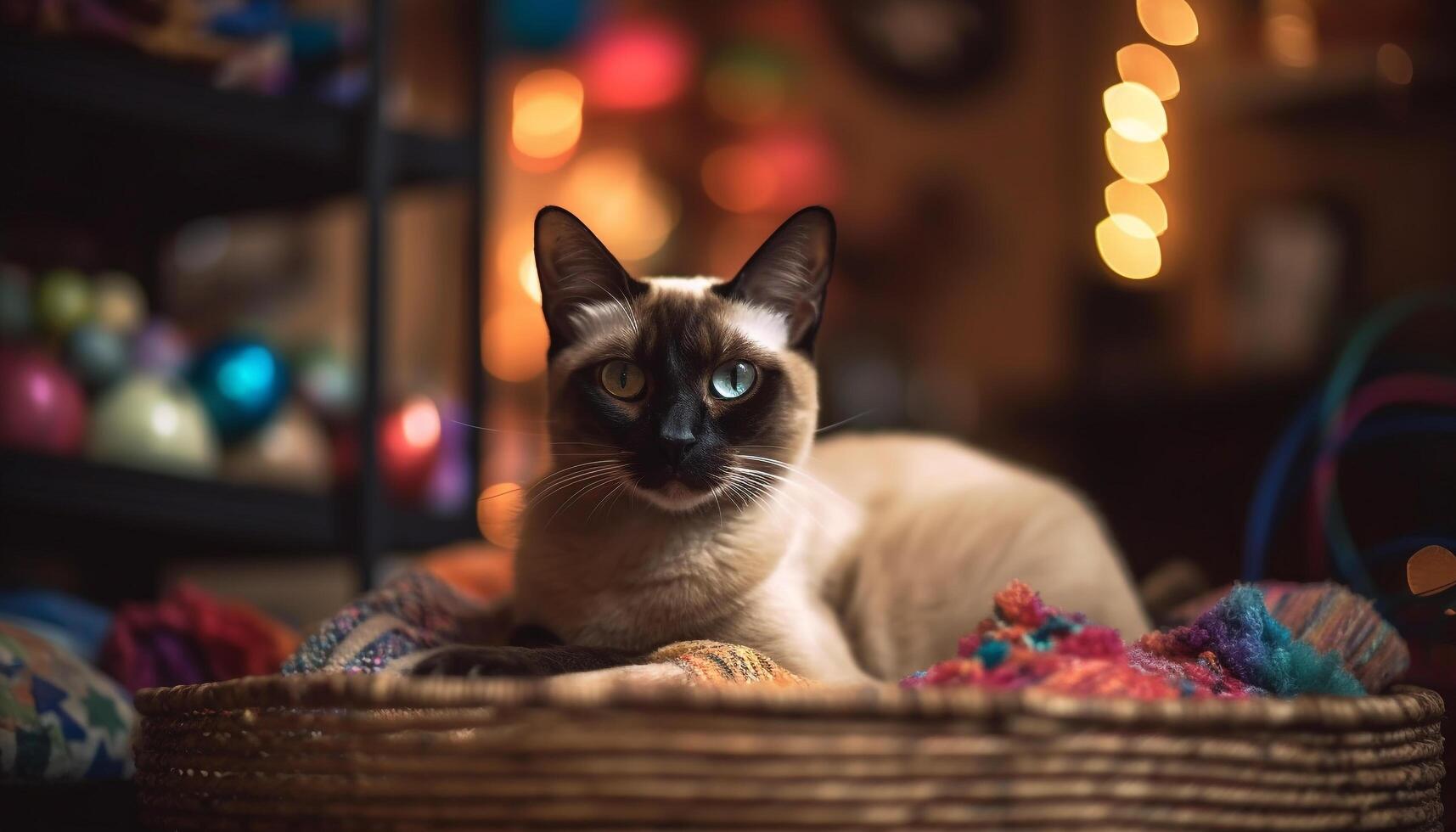 Cute kitten sitting in basket, illuminated by Christmas lights generated by AI photo