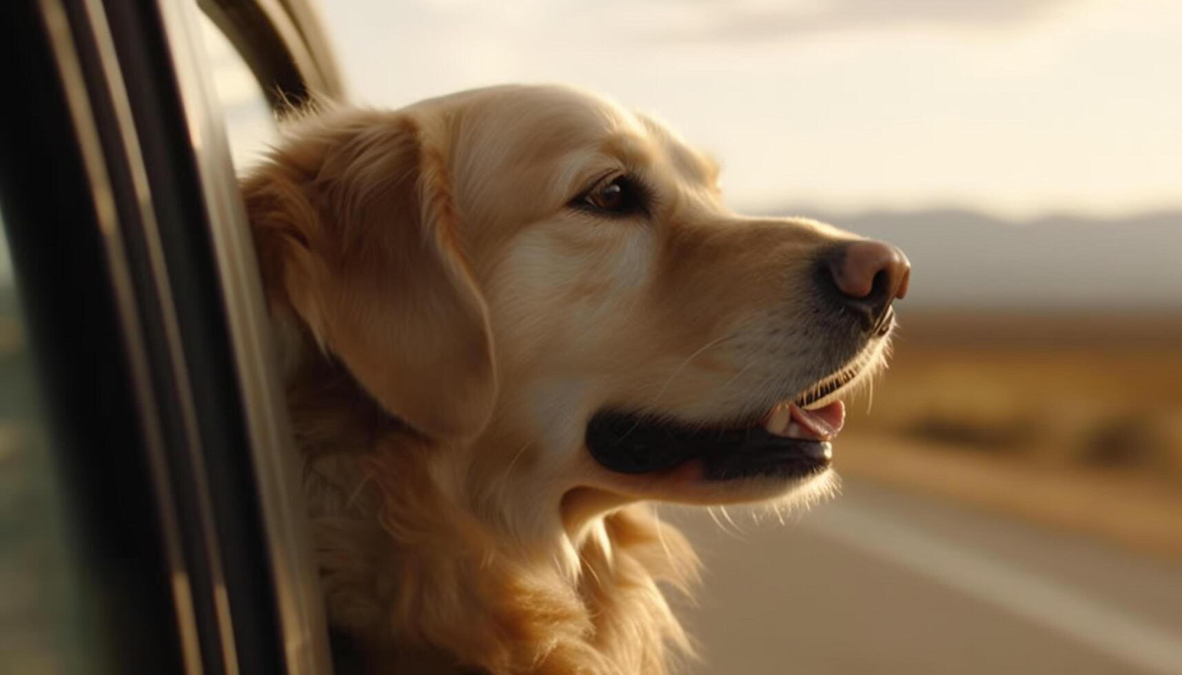 Cute puppy sitting in car, enjoying journey generated by AI photo