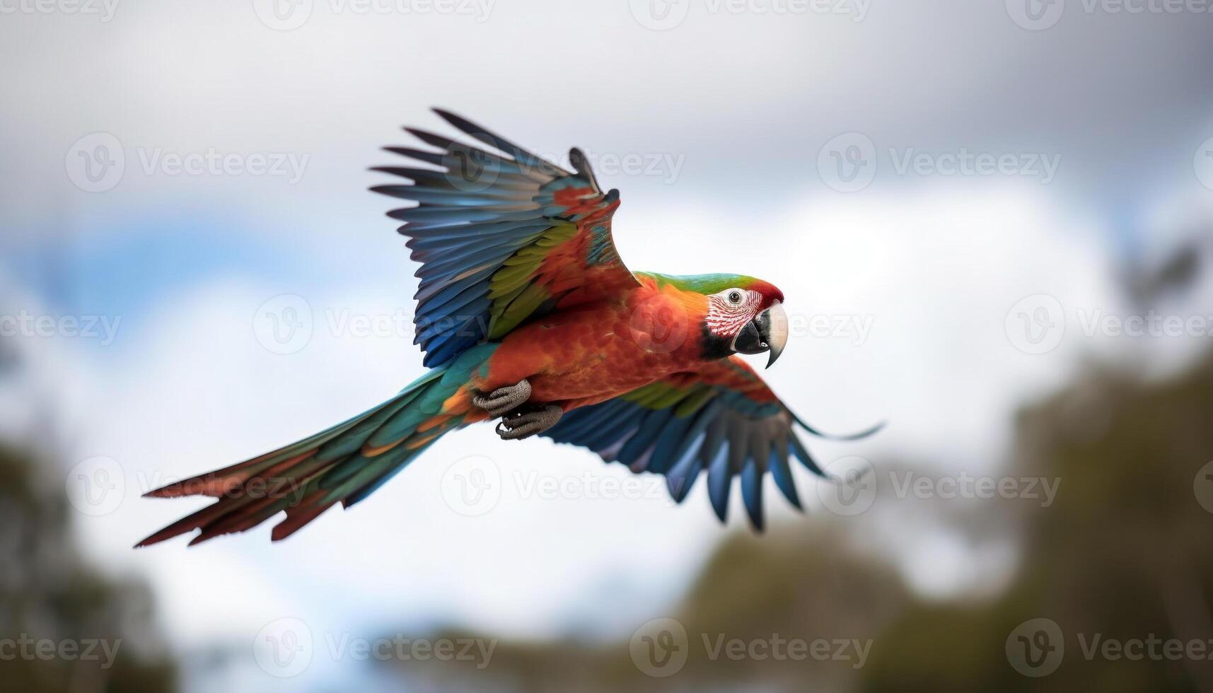 Vibrant macaw perching on branch in tropical rainforest beauty generated by AI photo