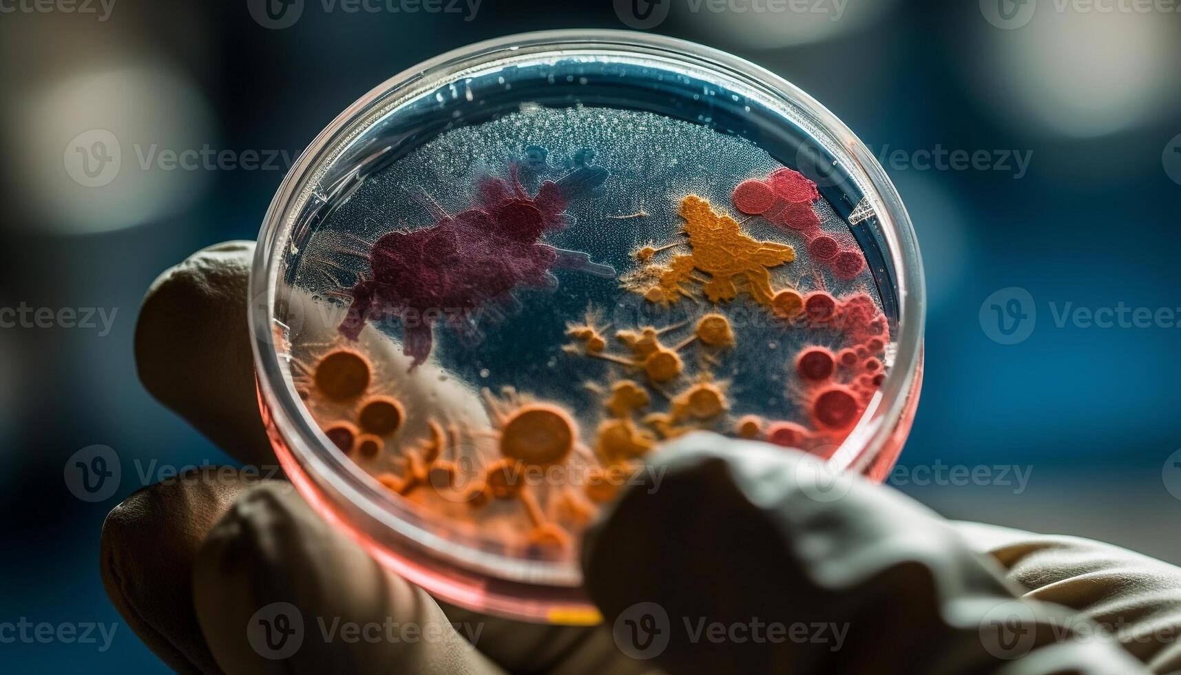 científico analizando colonia crecimiento en agar jalea en petri plato generado por ai foto