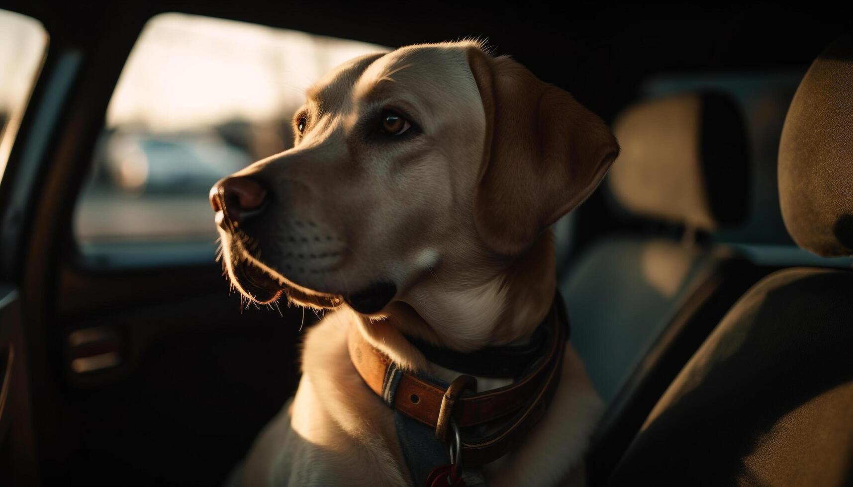 linda de pura raza perrito sentado en auto, al aire libre generado por ai foto