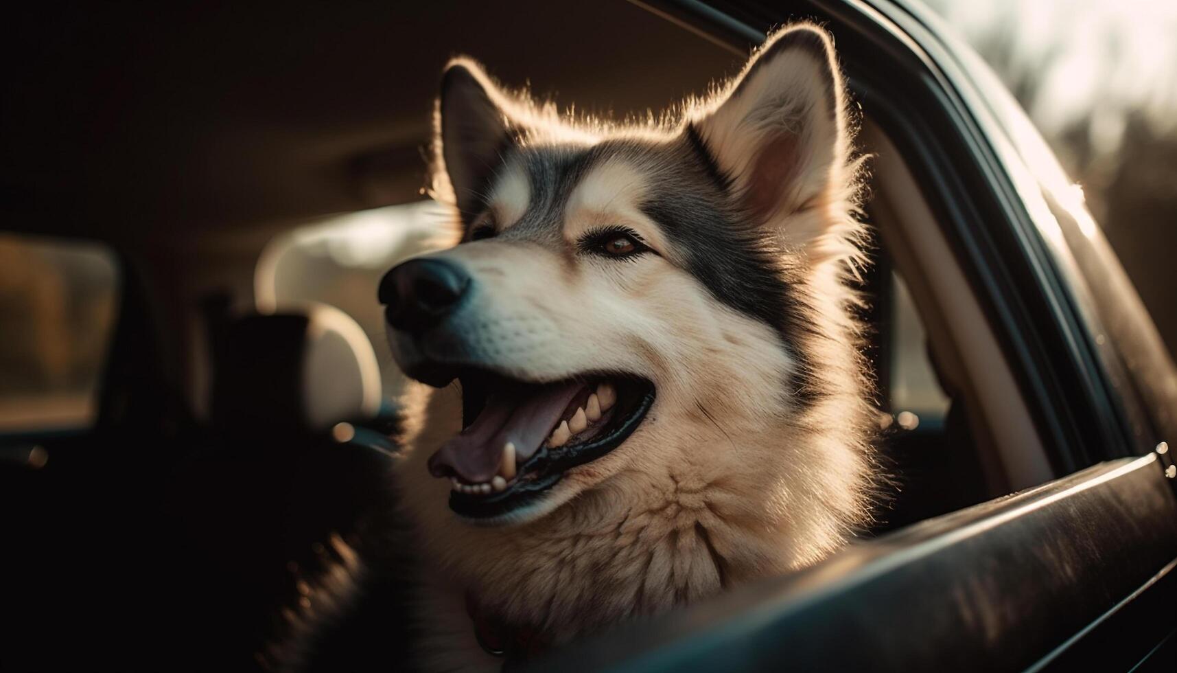Purebred sled dog sitting in snow, smiling generated by AI photo
