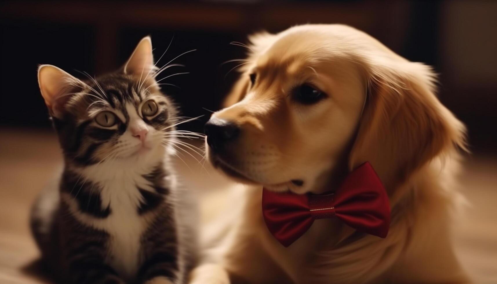 Fluffy kitten and playful puppy share love generated by AI photo