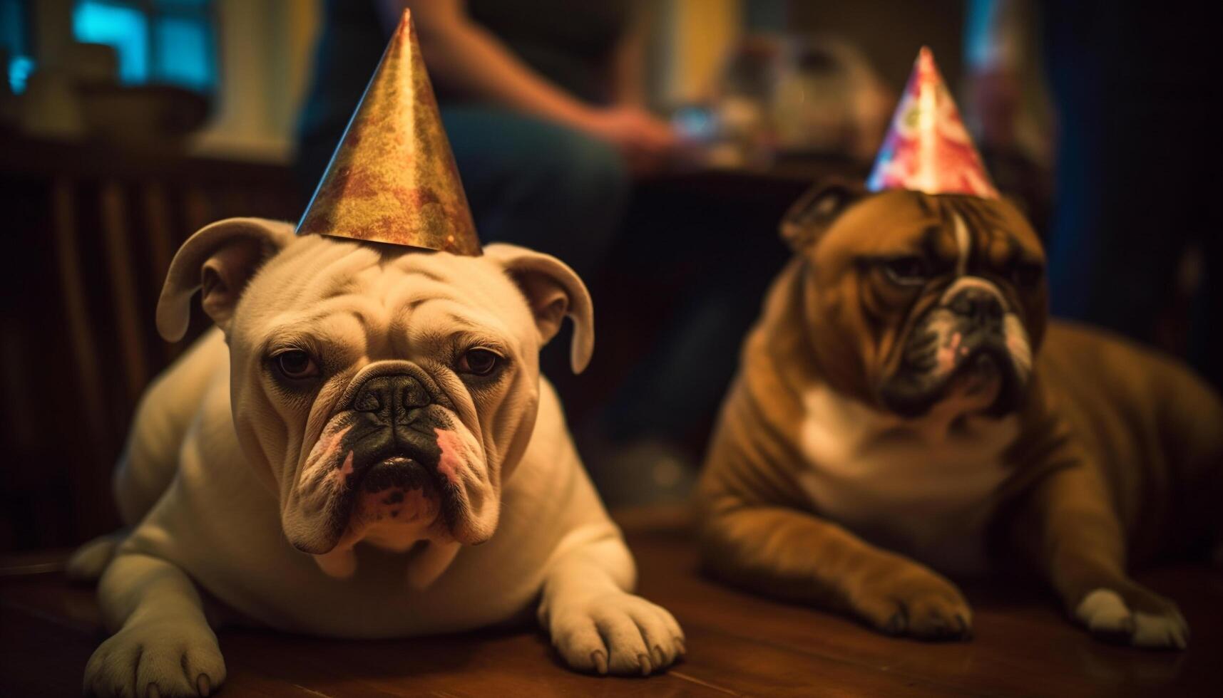 Cute bulldog puppy celebrates birthday with family indoors generated by AI photo