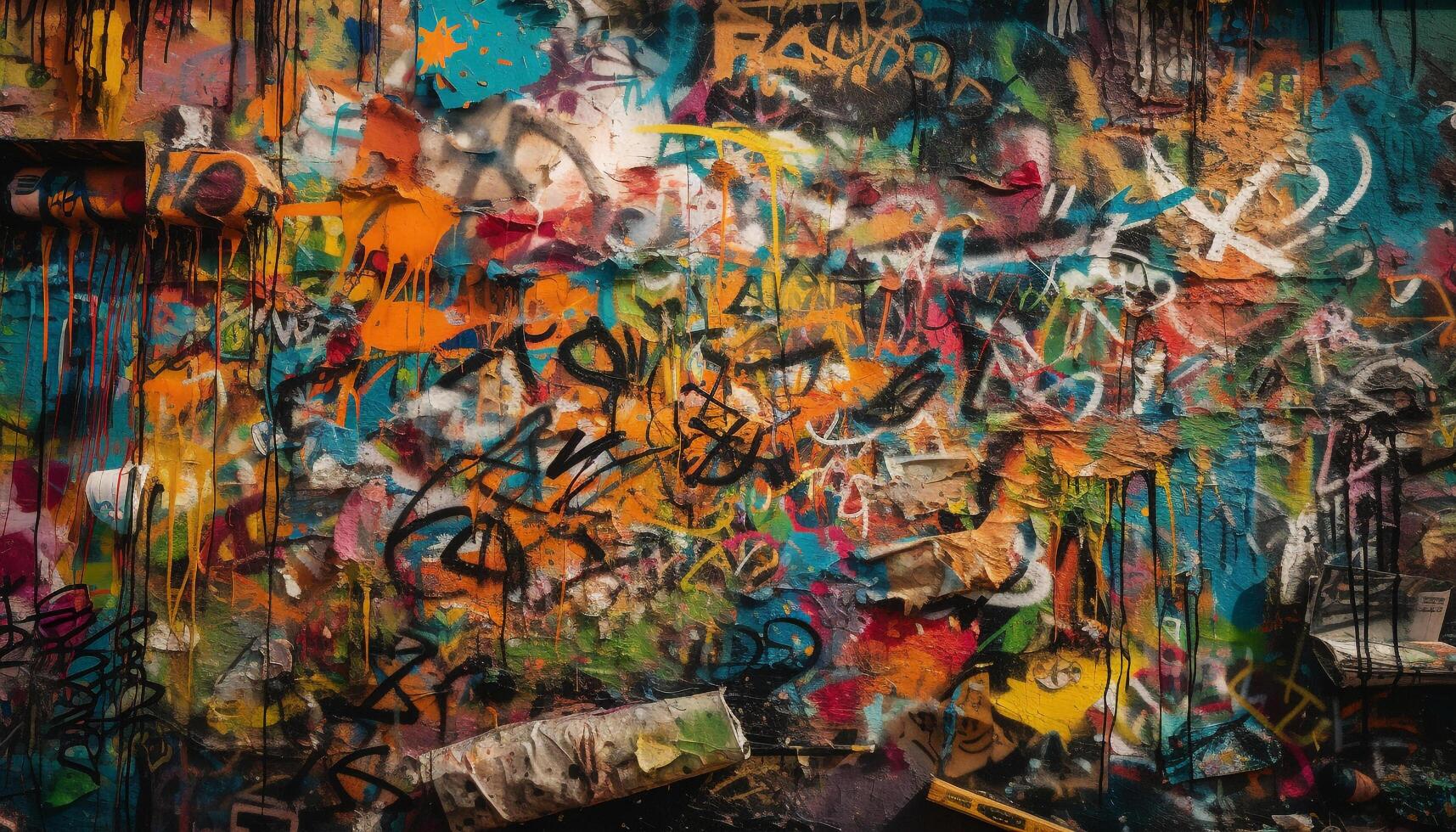 Vibrant colors splashing on old rusty metal wall generated by AI photo