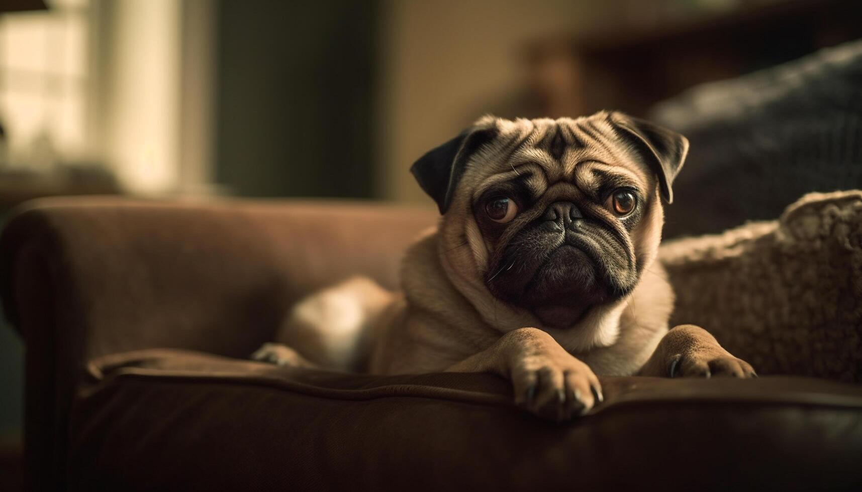 Cute pug puppy sitting on pampered lap generated by AI photo