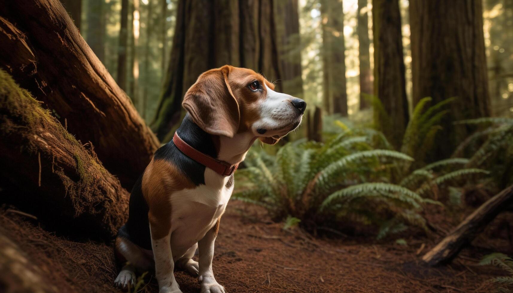 Purebred beagle puppy sitting by tree in forest generated by AI photo