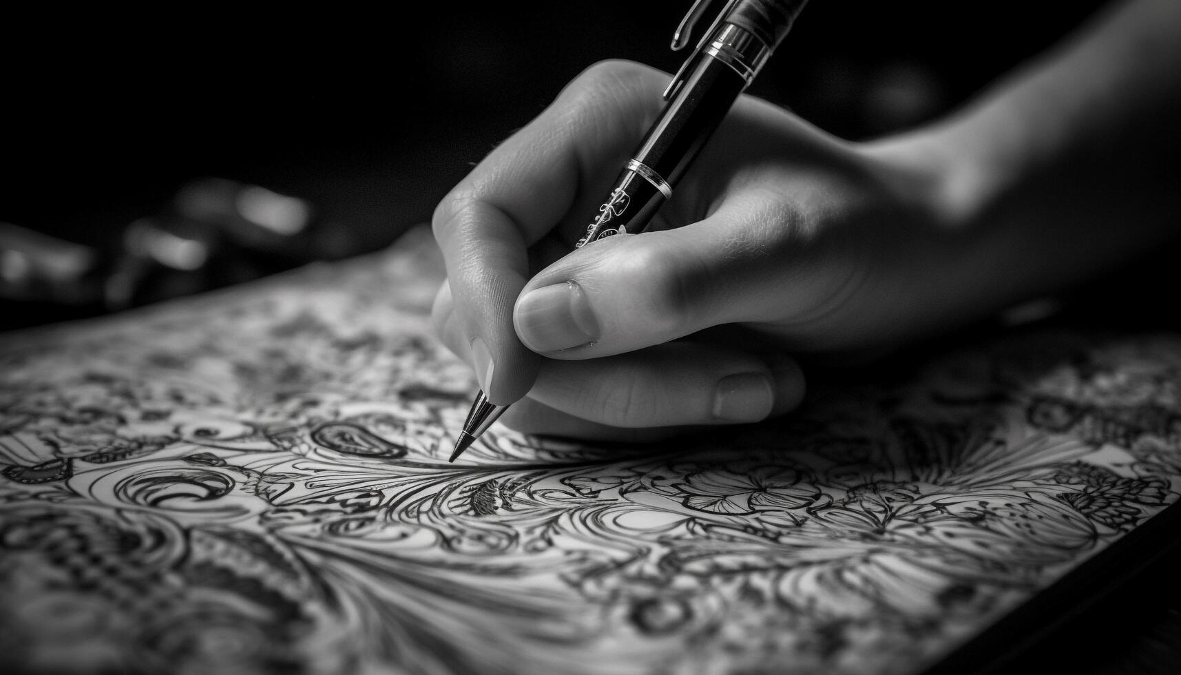 Handwriting activity on paper, ink and creativity generated by AI photo