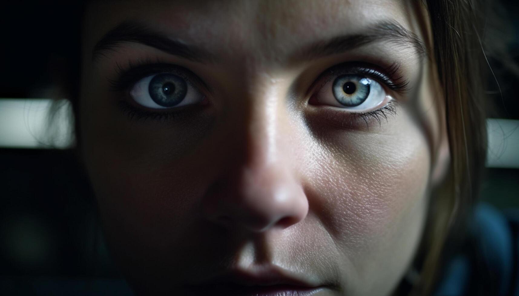 Young woman staring with sad brown eyes generated by AI photo