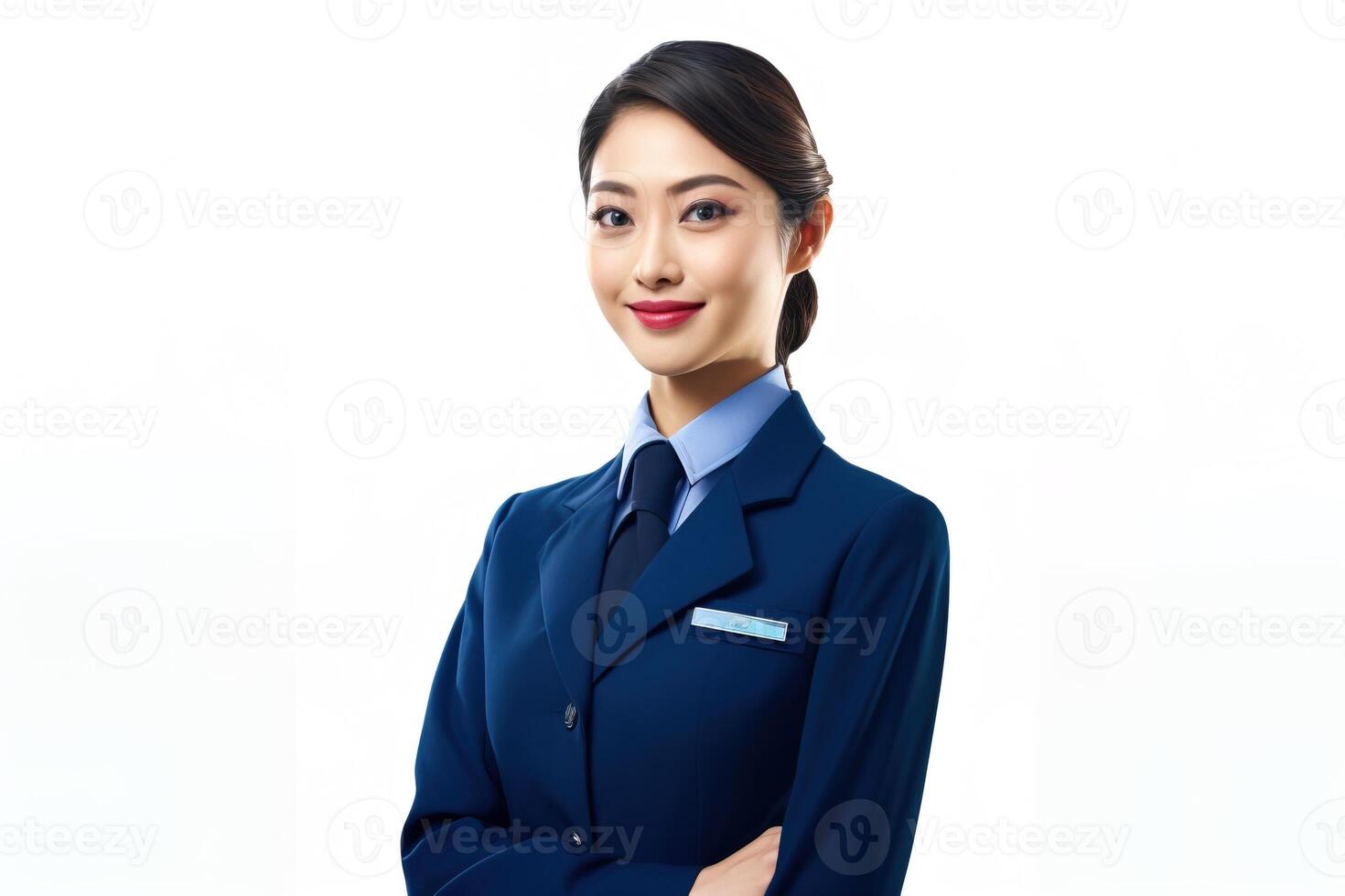 Portrait beautiful stewardess isolated in white photo