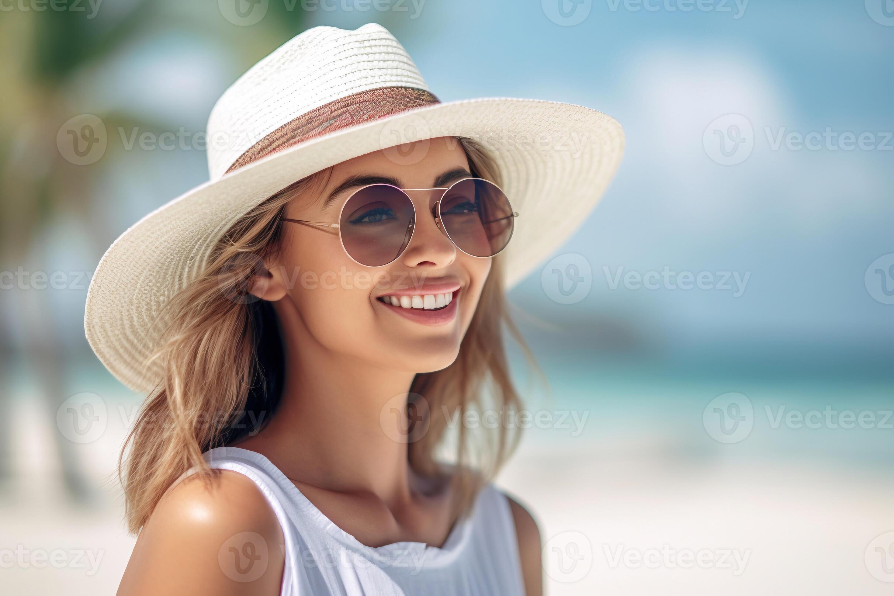 Portrait a beautiful woman with sunglasses and hat 24639914 Stock Photo at Vecteezy