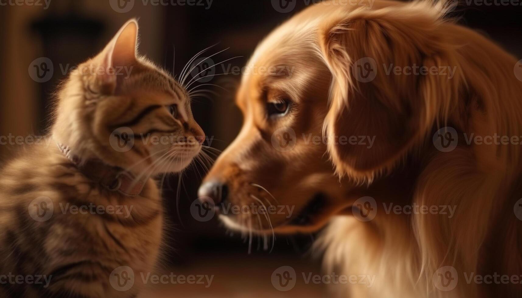Cute puppy and kitten playing together indoors generated by AI photo
