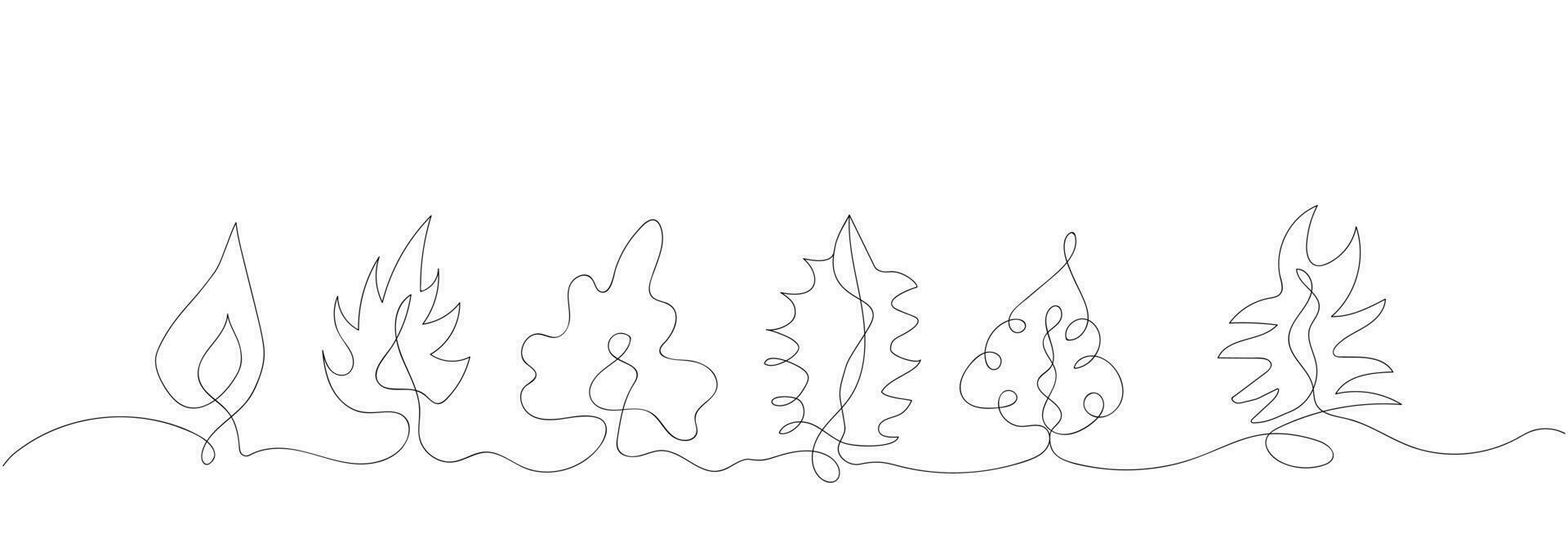 Continuous line drawing of six leaves. Leaves line art sltyle. One line drawing background. Vector illustration isolated on white background. Modern line art, aesthetic outline.