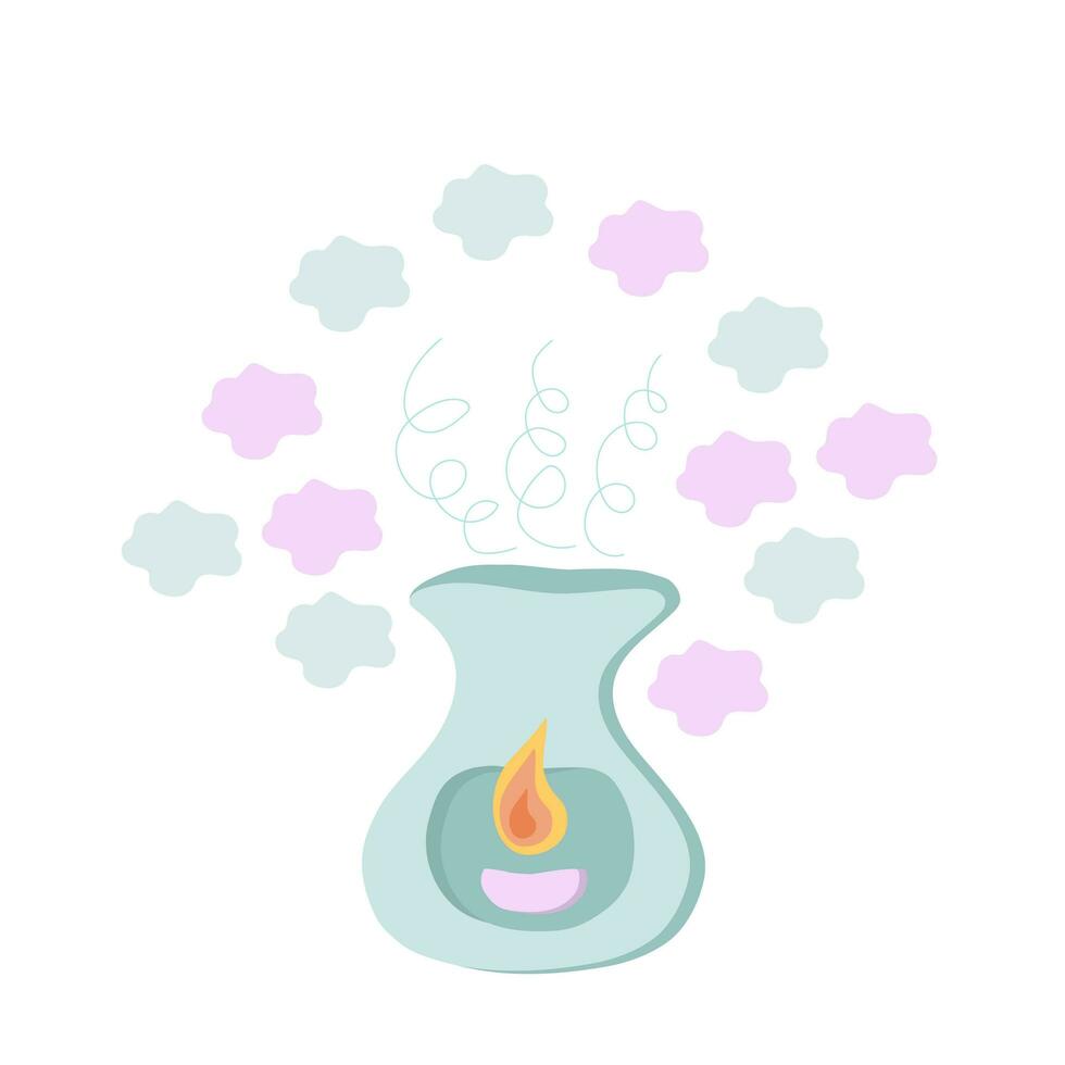 Aroma lamp with candle burning inside and essential oil with a delicious aroma and smell. Relaxation and aromatherapy. Spa. Isolated vector illustration.
