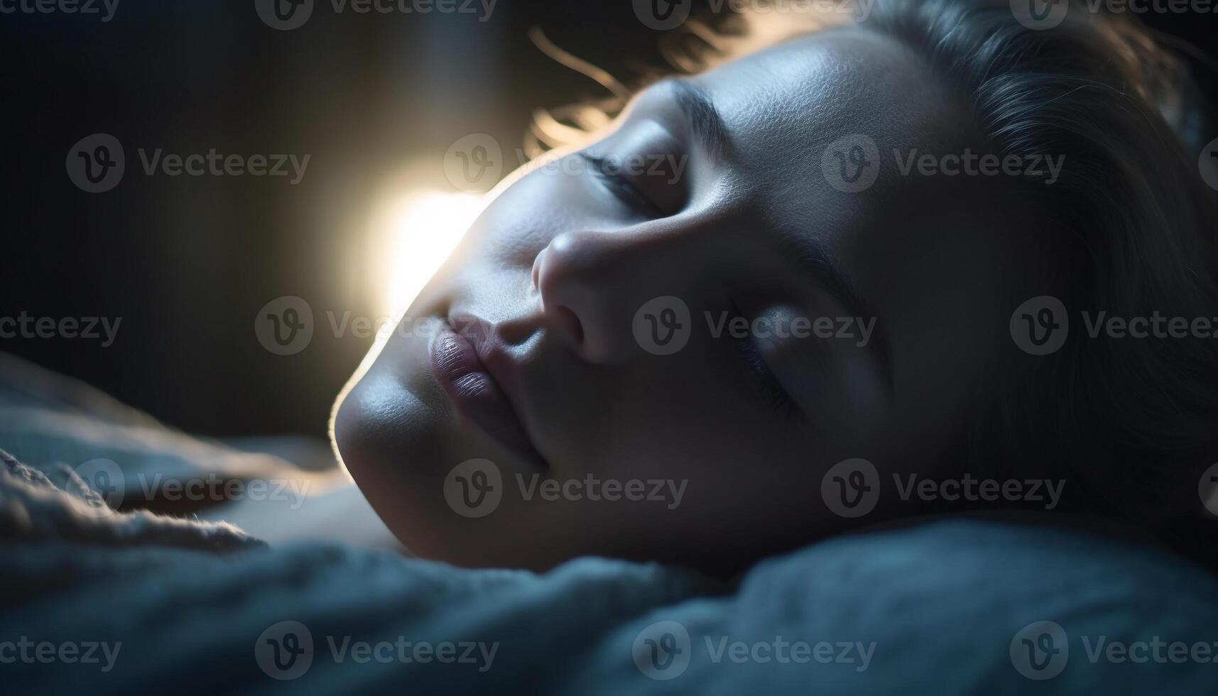 Beautiful young woman sleeping peacefully in bed generated by AI photo