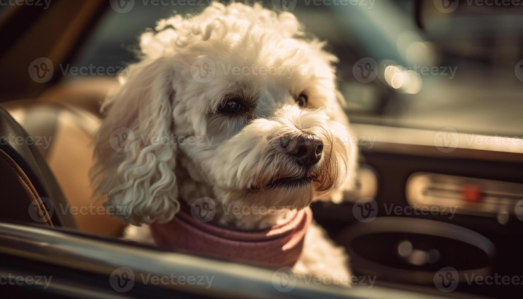 Cute purebred terrier sitting inside car, smiling generated by AI photo