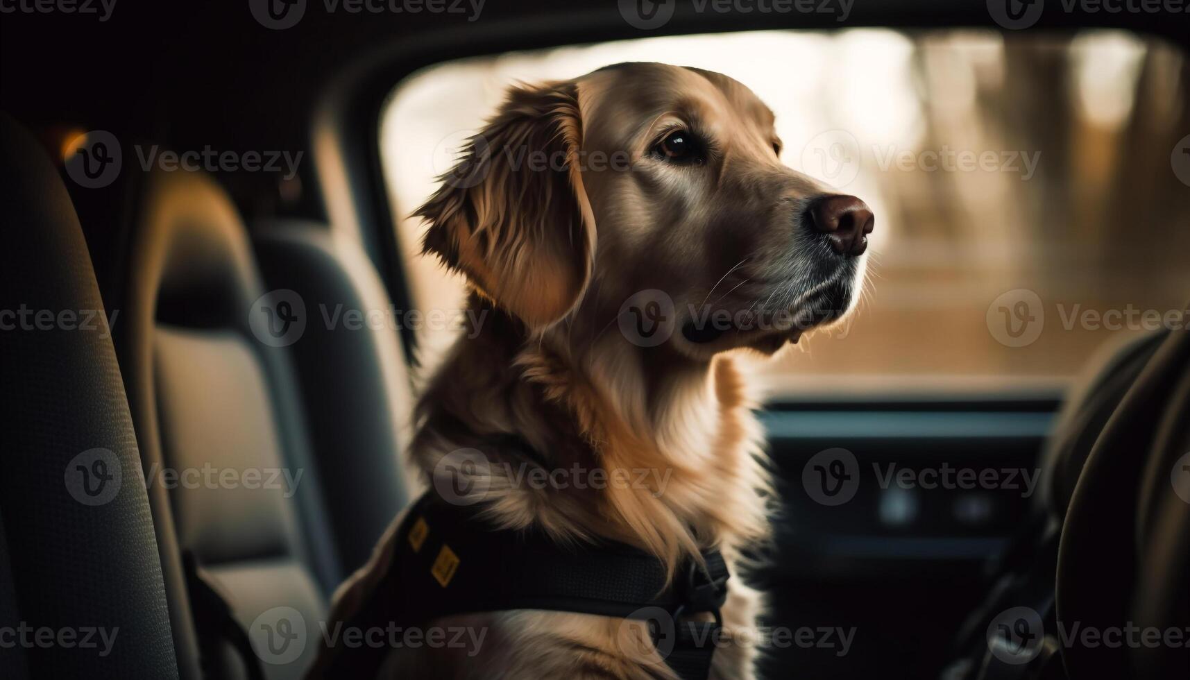 dorado perdiguero perrito sentado en coche asiento generado por ai foto