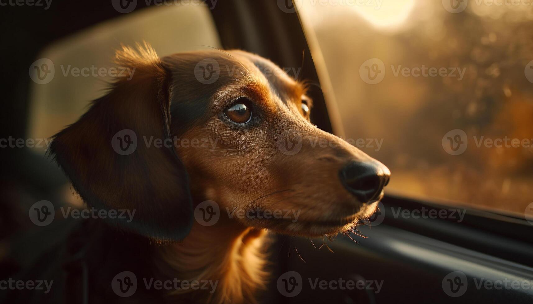 Cute purebred dachshund sitting in car window generated by AI photo