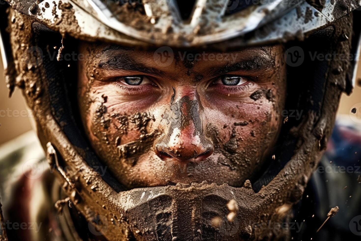 Portrait dirt biker wearing helmet with mud ai generate photo