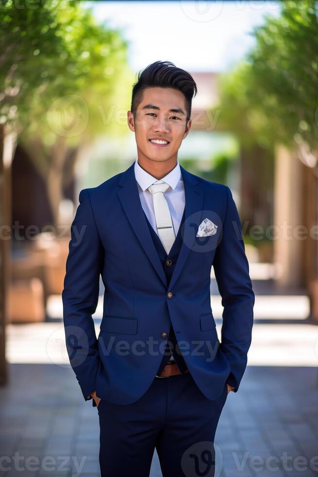 Portrait asian groom standing confidently photo