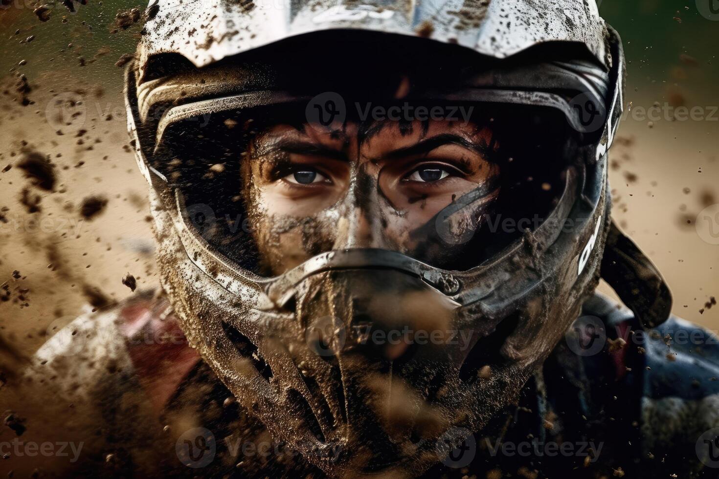 Portrait dirt biker wearing helmet with mud ai generate photo