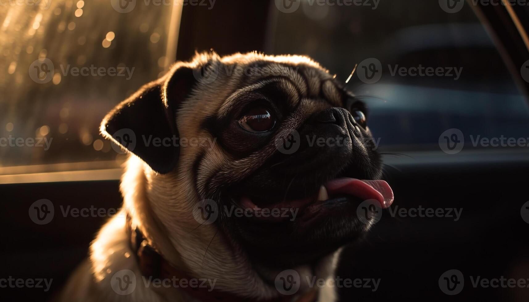 Cute pug and French bulldog sitting outdoors smiling generated by AI photo