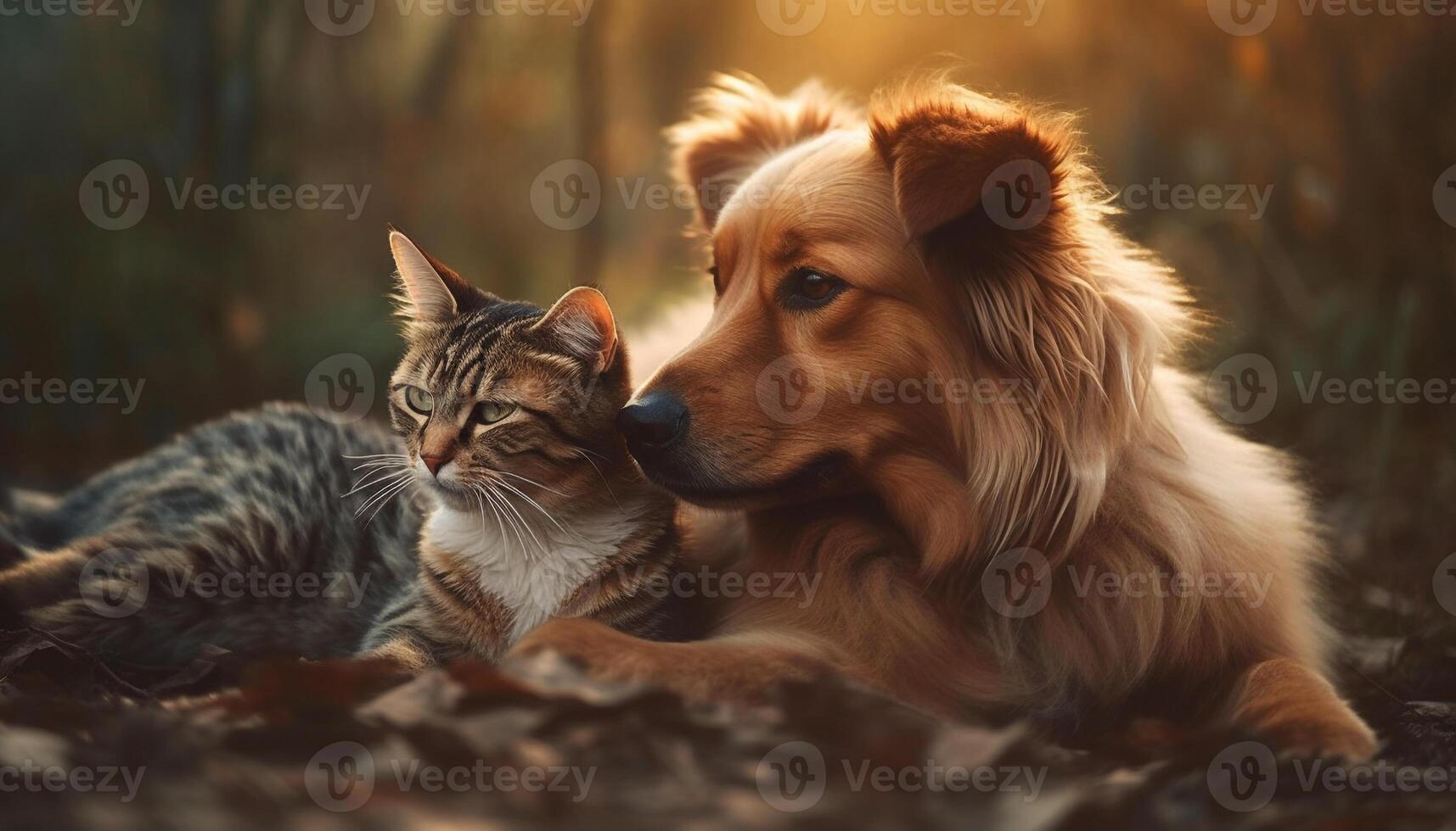 Cute puppy and kitten playing in nature generated by AI photo