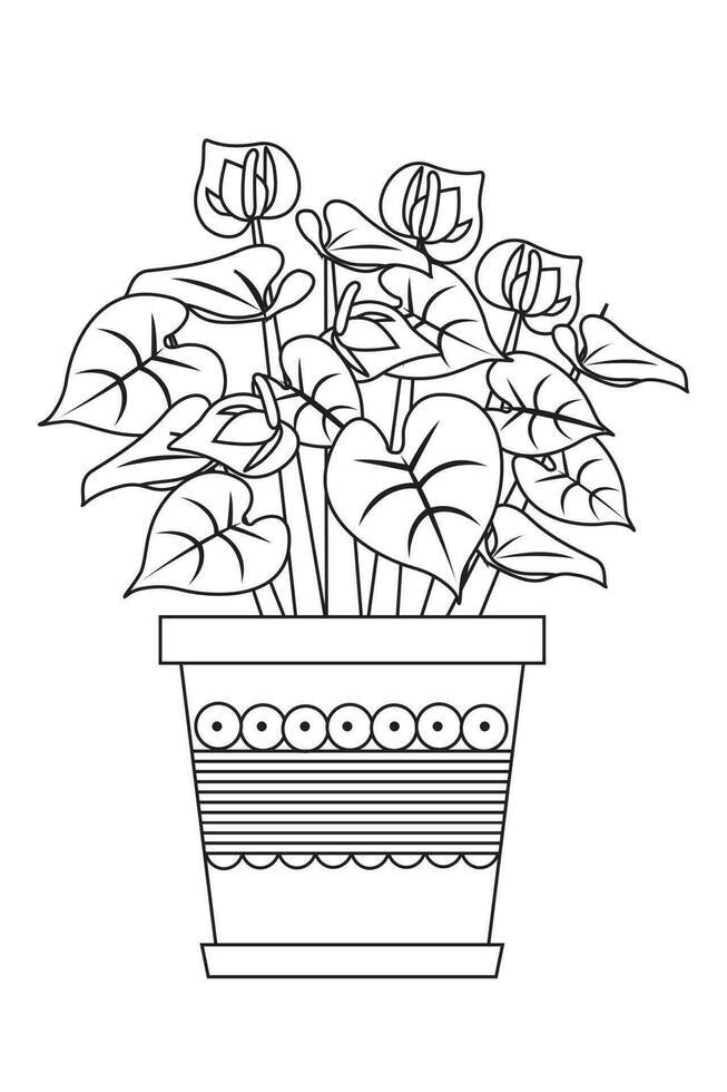 Print Indoor plant with decorated pot in black and white coloring page vector