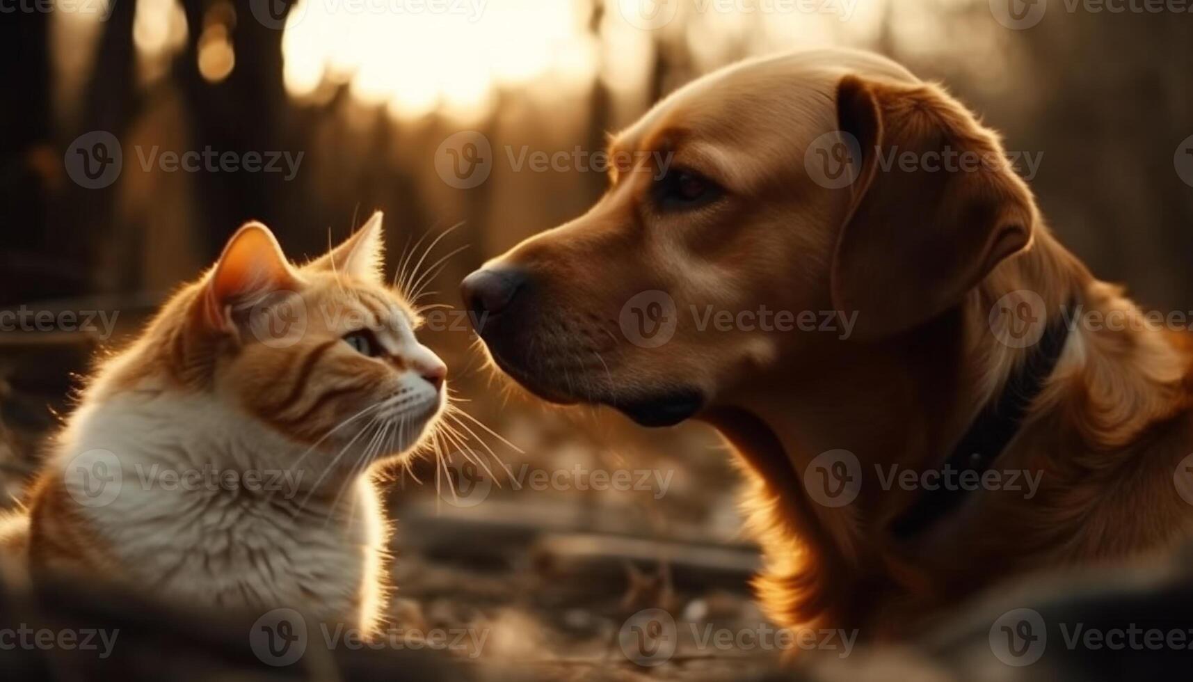 Young retriever and kitten play in grass generated by AI photo