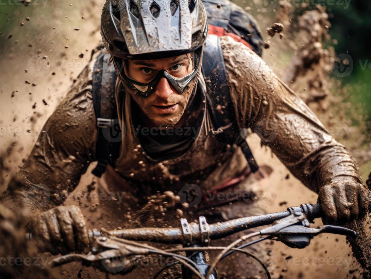 Portrait someone riding a bicycle with splashes of mud photo
