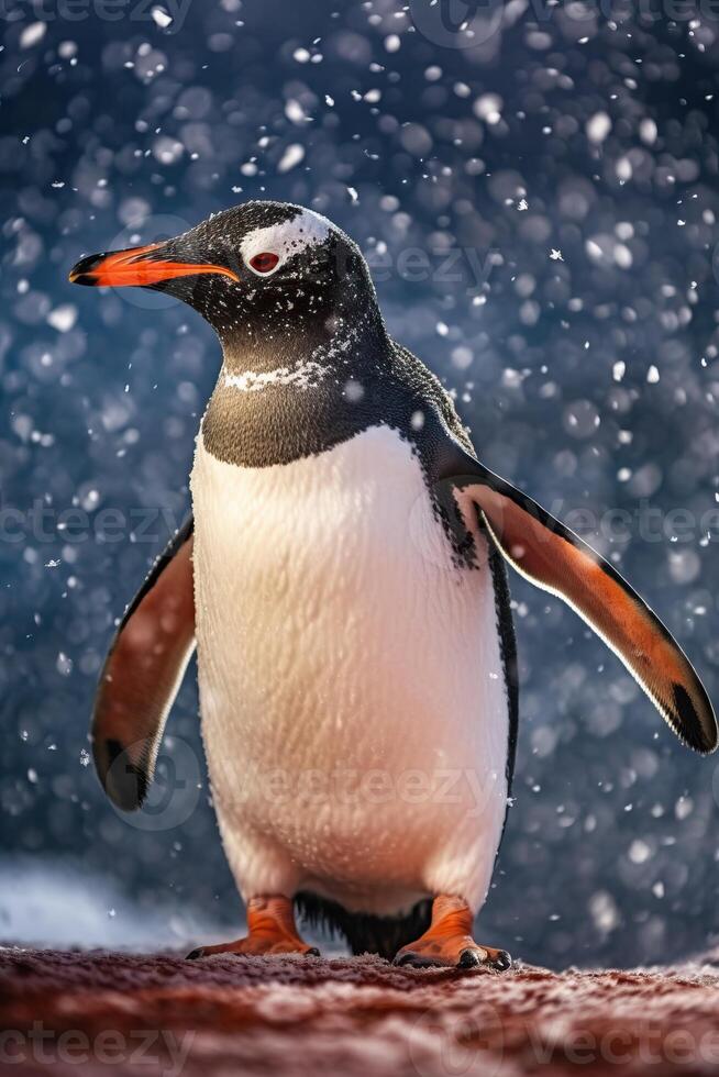 retrato pingüino en el Nevado con ligero exposición ai generativo foto