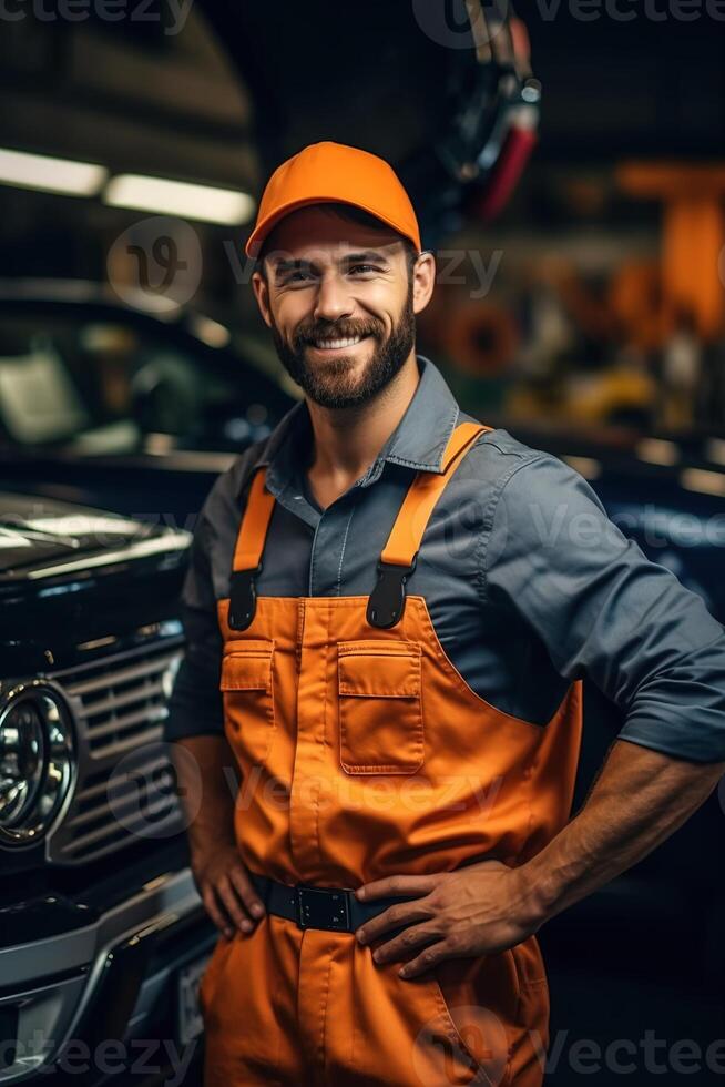 Portrait mechanic smiling confident on the workshop photo