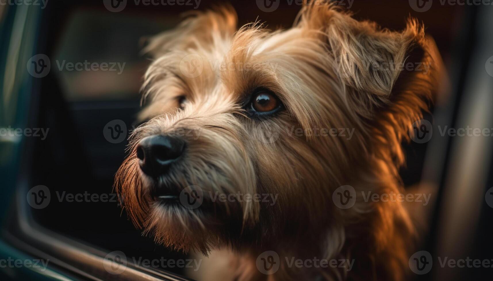 Cute terrier puppy sitting in car, outdoors generated by AI photo