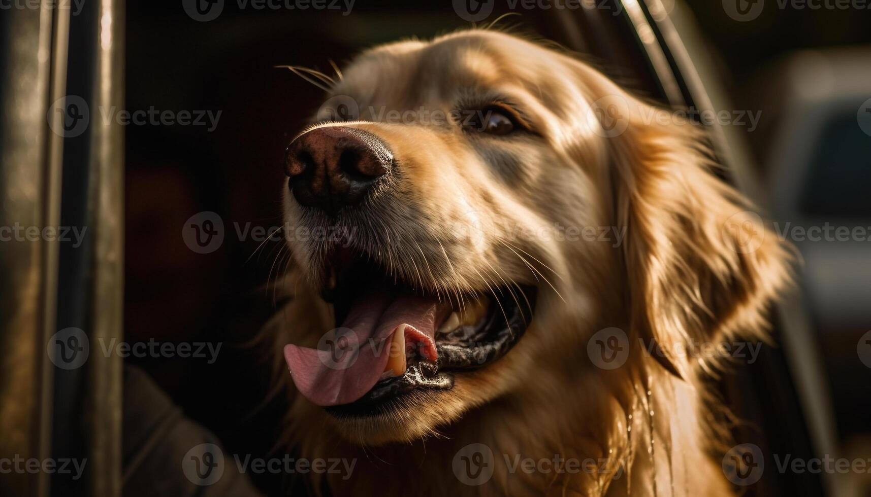 dorado perdiguero perrito sentado al aire libre, mirando alegre generado por ai foto